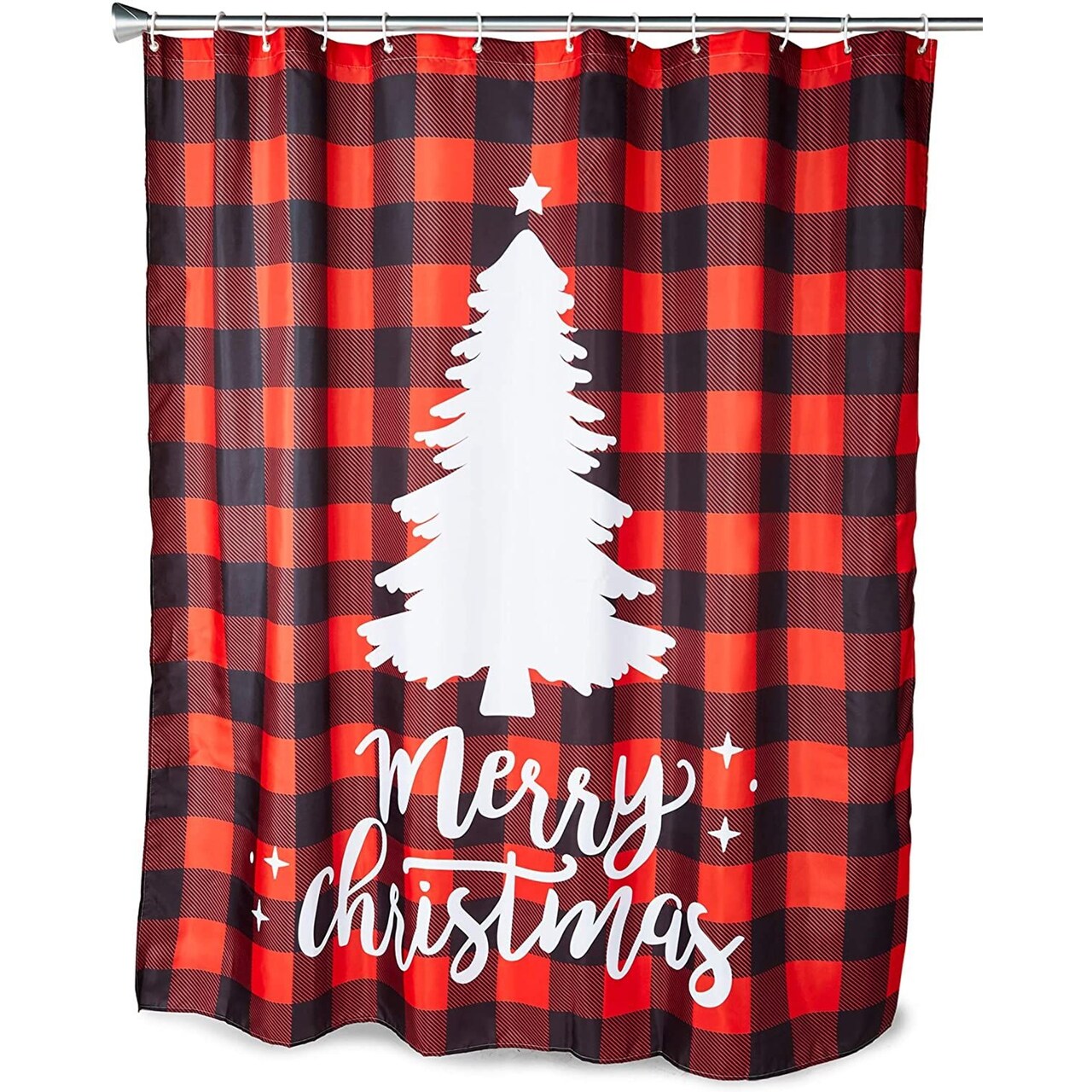 Farmlyn Creek 13-Piece Buffalo Plaid Merry Christmas Tree Shower Curtain Set with Hooks, 70 x 71 Inches Bathroom Decorations, Ideal Christmas Plaid Shower Curtain Gift for Friends & Family